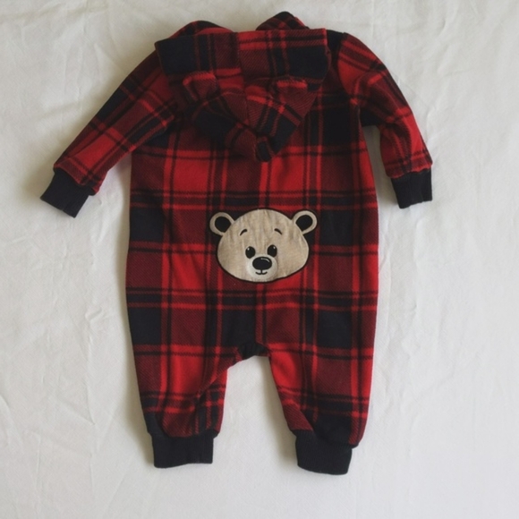 george red plaid fleece zipper jumpsuit with hood 3-6 months baby unisex - Picture 5 of 7